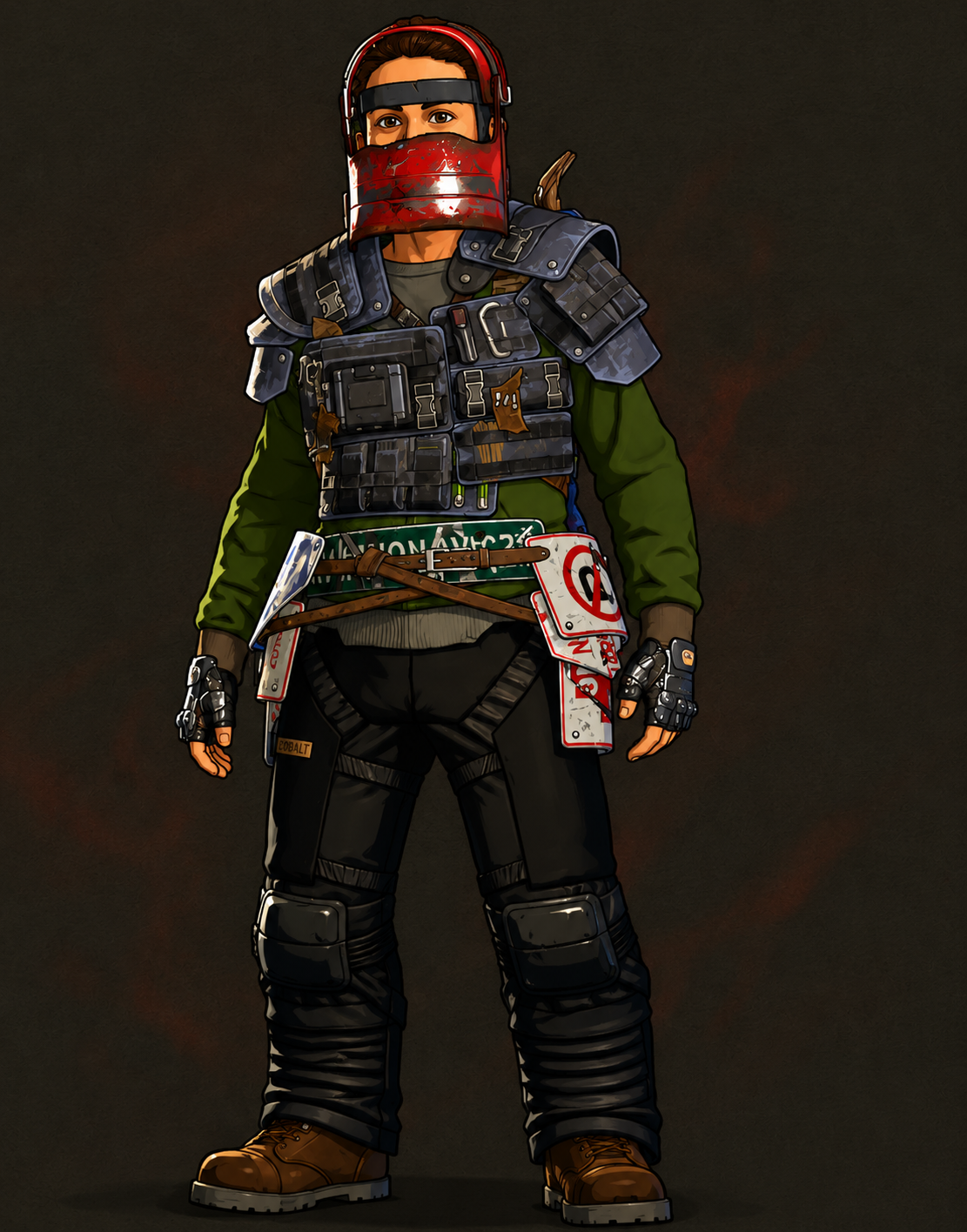 Rust metal-tier survivor with road-sign armor